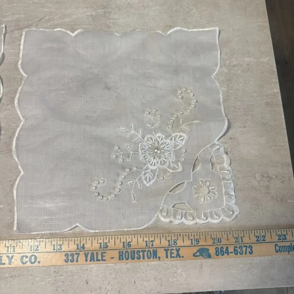 Vintage Handmade Beaded Pearl Embroidered Organza Fabric 2 Napkins Set
